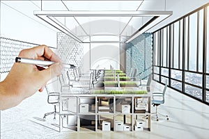 Hand drawing eco office interior