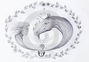 Hand drawing Elf and unicorn with beautiful flower. Draw on vintage paper. Profile portrait.