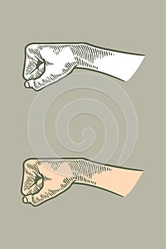 Hand drawing engraving hand fist arm isolated on grey background