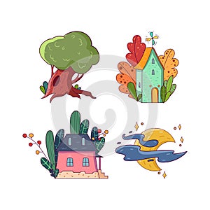 Hand drawing fairy set. Big green oak-tree. Two little houses surrounded by different colorful plants. Bright moon with