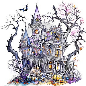 hand drawing with fantasy color ink Halloween, Witch Mansion Haunted House on white background