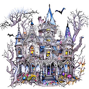 hand drawing with fantasy color ink Halloween, Witch Mansion Haunted House on white background