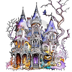 hand drawing with fantasy color ink Halloween, Witch Mansion Haunted House on white background