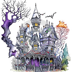 hand drawing with fantasy color ink Halloween, Witch Mansion Haunted House on white background