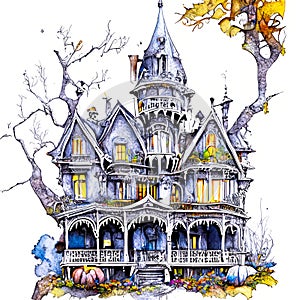hand drawing with fantasy color ink Halloween, Witch Mansion Haunted House on white background