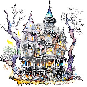 hand drawing with fantasy color ink Halloween, Witch Mansion Haunted House on white background