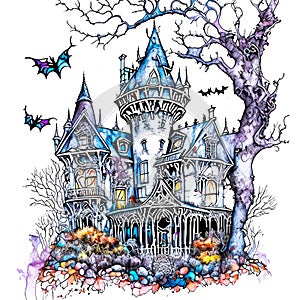 hand drawing with fantasy color ink Halloween, Witch Mansion Haunted House on white background