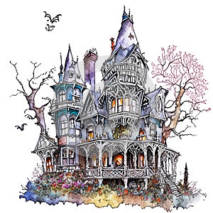 hand drawing with fantasy color ink Halloween, Witch Mansion Haunted House on white background