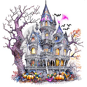 hand drawing with fantasy color ink Halloween, Witch Mansion Haunted House on white background