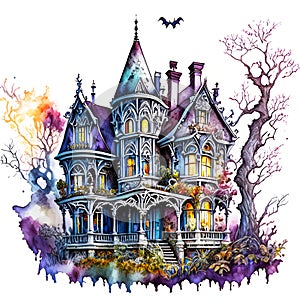 hand drawing with fantasy color ink Halloween, Witch Mansion Haunted House on white background