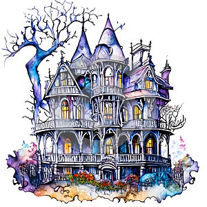 hand drawing with fantasy color ink Halloween, Witch Mansion Haunted House on white background