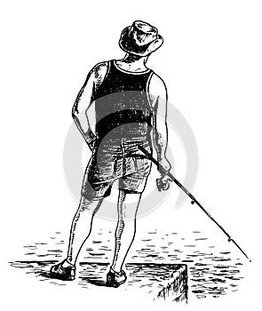 Hand drawing of a fisherman in hat and shorts with fishing rod standing alone on river embankment