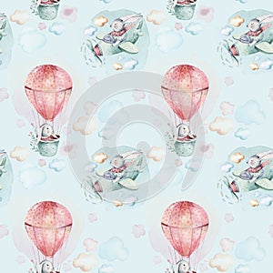 Hand drawing fly cute easter pilot bunny watercolor cartoon bunnies with airplane and balloon in the sky textile pattern