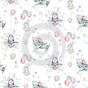 Hand drawing fly cute easter pilot bunny watercolor cartoon bunnies with airplane and balloon in the sky textile pattern