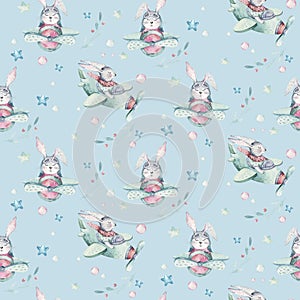 Hand drawing fly cute easter pilot bunny watercolor cartoon bunnies with airplane and balloon in the sky textile pattern