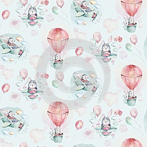 Hand drawing fly cute easter pilot bunny watercolor cartoon bunnies with airplane and balloon in the sky textile pattern