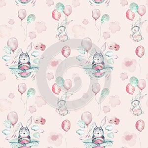 Hand drawing fly cute easter pilot bunny watercolor cartoon bunnies with airplane and balloon in the sky textile pattern