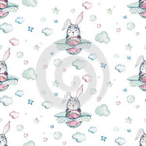 Hand drawing fly cute easter pilot bunny watercolor cartoon bunnies with airplane in the sky textile pattern. Turquoise