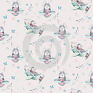 Hand drawing fly cute easter pilot bunny watercolor cartoon bunnies with airplane in the sky textile pattern. Turquoise