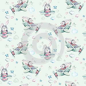 Hand drawing fly cute easter pilot bunny watercolor cartoon bunnies with airplane in the sky textile pattern. Turquoise