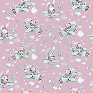 Hand drawing fly cute easter pilot bunny watercolor cartoon bunnies with airplane in the sky textile pattern. Turquoise