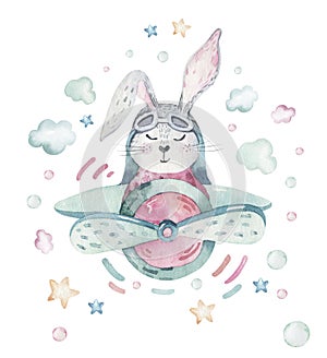 Hand drawing fly cute easter pilot bunny watercolor cartoon bunnies with airplane in the sky. Turquoise watercolour