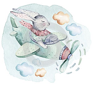 Hand drawing fly cute easter pilot bunny watercolor cartoon bunnies with airplane in the sky. Turquoise watercolour