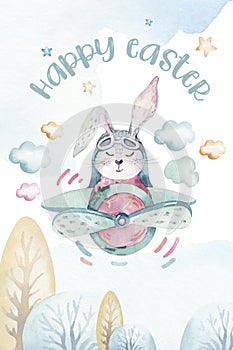 Hand drawing fly cute easter pilot bunny watercolor cartoon bunnies with airplane in the sky. Turquoise watercolour