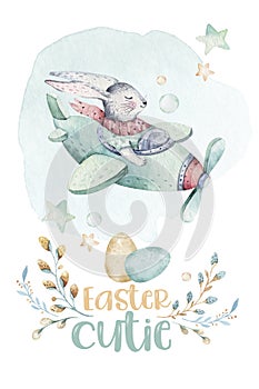 Hand drawing fly cute easter pilot bunny watercolor cartoon bunnies with airplane in the sky. Turquoise watercolour