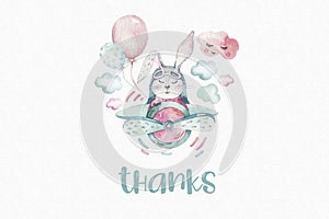 Hand drawing fly cute easter pilot bunny watercolor cartoon bunnies with airplane in the sky. Turquoise watercolour