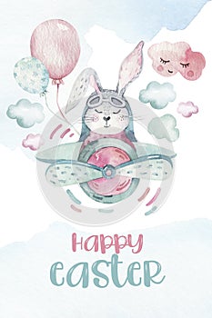 Hand drawing fly cute easter pilot bunny watercolor cartoon bunnies with airplane in the sky. Turquoise watercolour