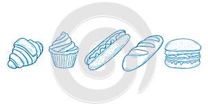 Hand drawing food set. Hamburger, Hot dog, Cake, bun. Confectionery baked goods.Vector , illustration