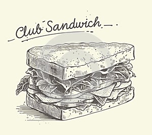 Hand Drawing Food Sketch Illustration of Club Sandwich