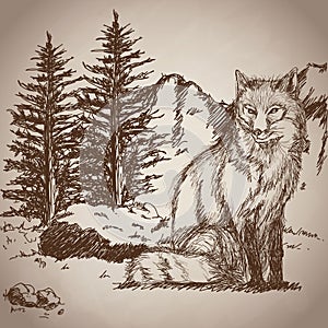 Hand drawing fox sitting landscape vintage