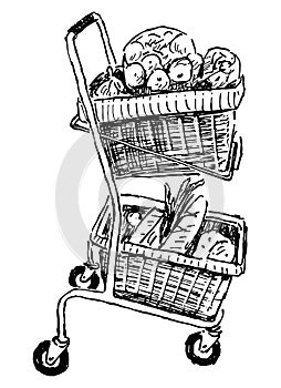 Hand drawing of full grocery cart with different food stuff