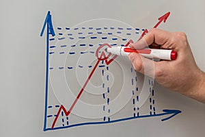 Hand drawing graph with blue marker. Businessman drawing magnifying arrows oven business graph