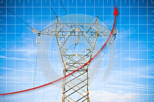 Hand drawing a graph about energy production - concept image with power tower and transmission lines on blue background