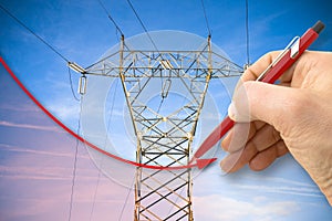 Hand drawing a graph about energy production - concept image with power tower and transmission lines on blue background