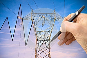 Hand drawing a graph about energy production - concept image with power tower and transmission lines on blue background