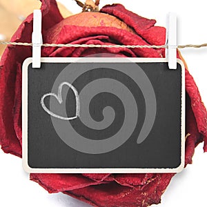 Hand drawing heart on blackboard with dry red rose background, i