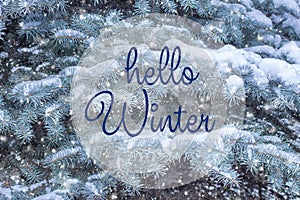 Hand drawing Hello Winter inscription. Winter holiday compositio