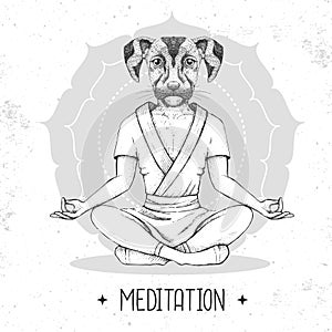 Hand drawing hipster animal dog meditating in lotus position on mandala background.