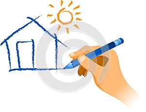 Hand drawing a house with sun