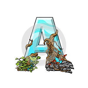 Hand drawing illustration of aquascape in a letter A on a white background