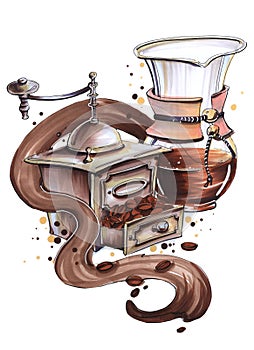 Hand drawing illustration coffeemania vintage metal coffee grinder and filter with beans