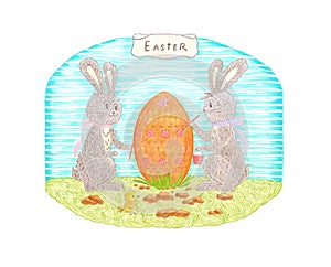 Hand drawing illustration Easter with rabbits, egg and chicken