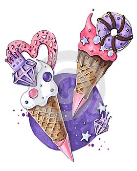 Hand drawing illustration ice cream sundae in waffle cone purple and pink colors