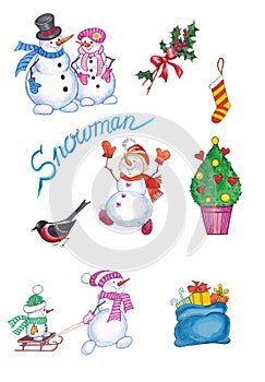 Hand drawing  illustration set of winter snowmans.