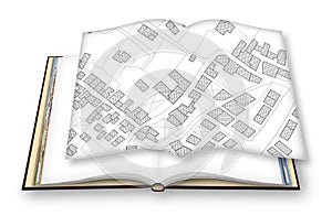 Hand drawing an imaginary cadastral map of territory with buildings and roads - 3D render concept image of an opened photo book