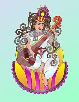 Hand drawing of indian hindu goddess Saraswati